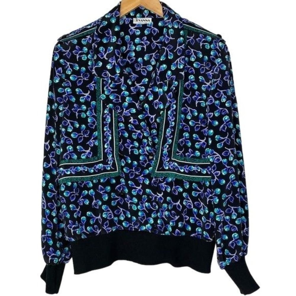 Vintage 80’s Evanna ladies long sleeve blouse Epaulette black blue Large USA